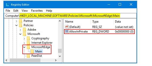Disable InPrivate browsing new Edge