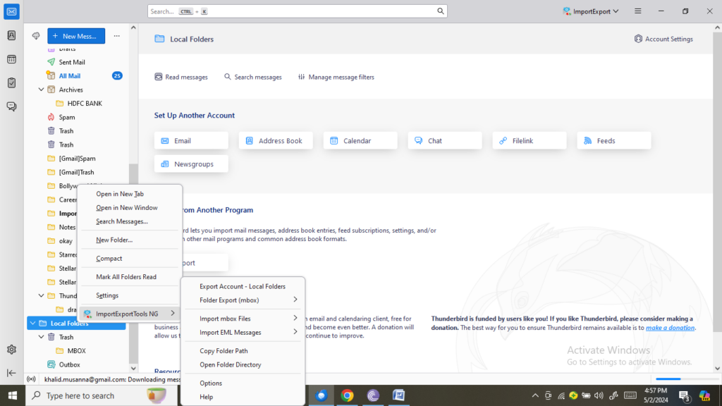 From the options, select ‘ImportExportTools NG’, and then again select ‘Import MBOX file’.