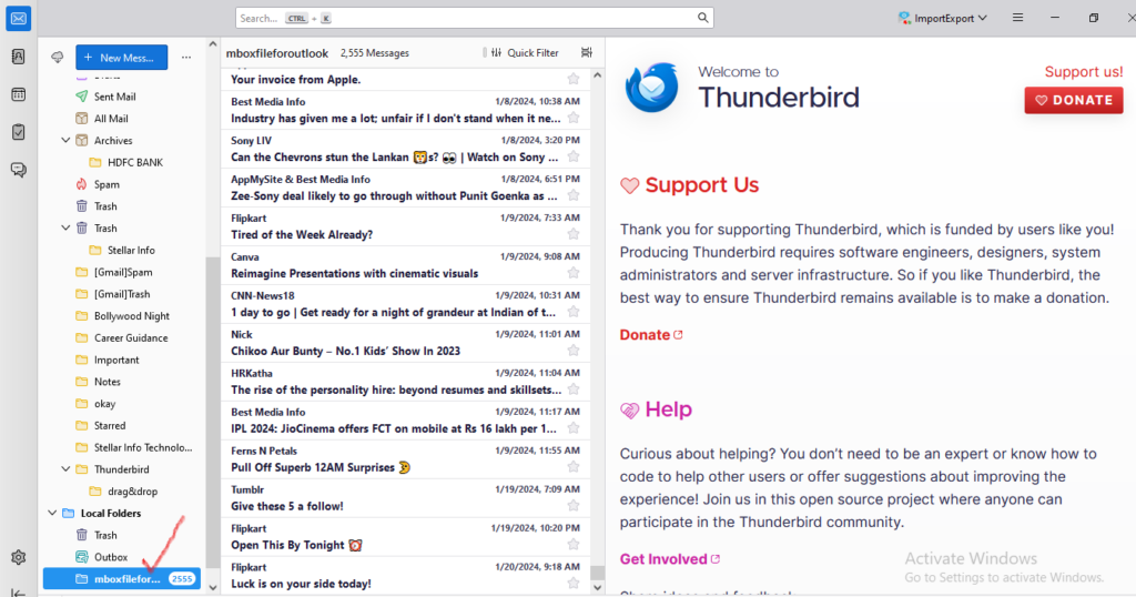Open the MBOX folder that appears under Local Folders in Thunderbird