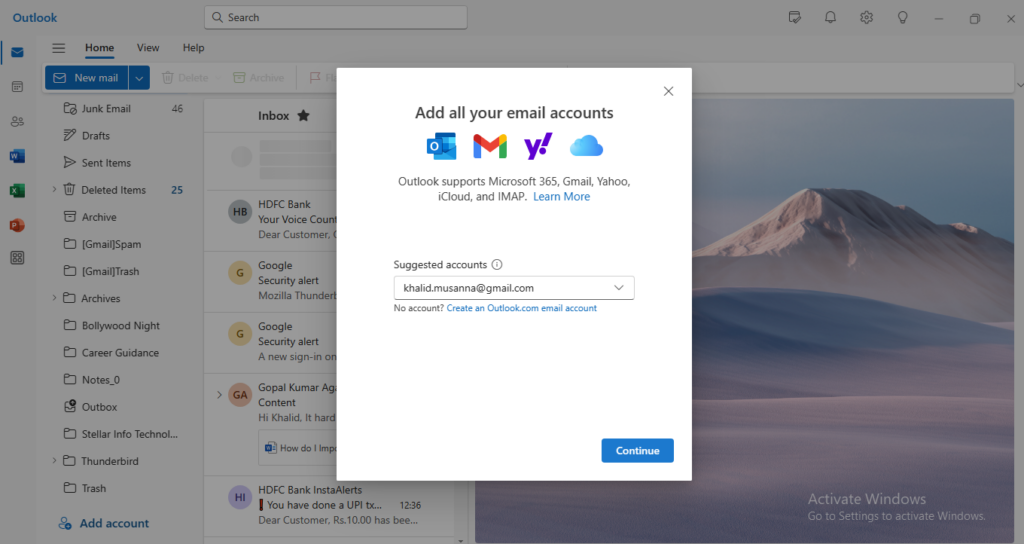 To configure the same Gmail account in Outlook that was previously configured in Thunderbird, click ‘Add Account’